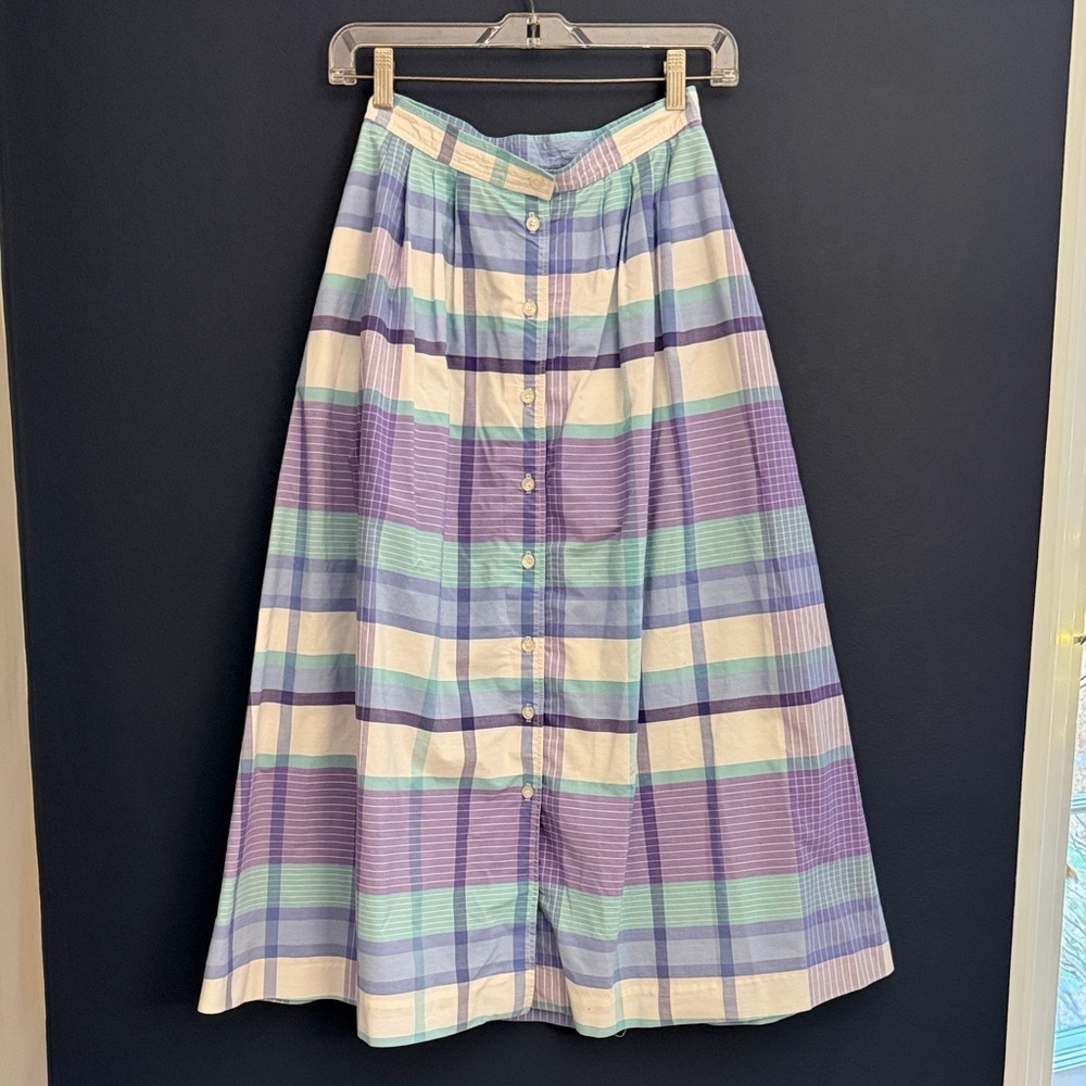 Vintage David Brooks Plaid Midi Skirt Size 8 USA Made Button Front Pockets